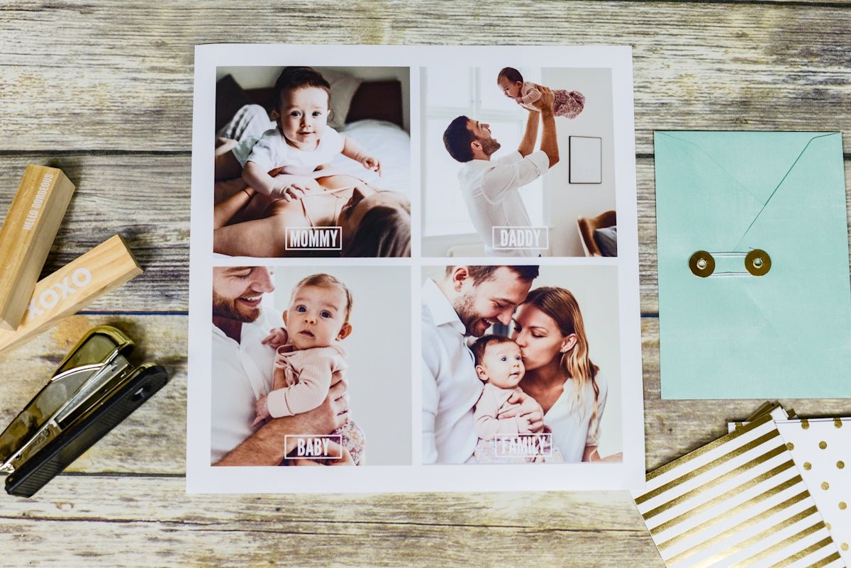 Family photo collage beside a pale blue envelope and stationery