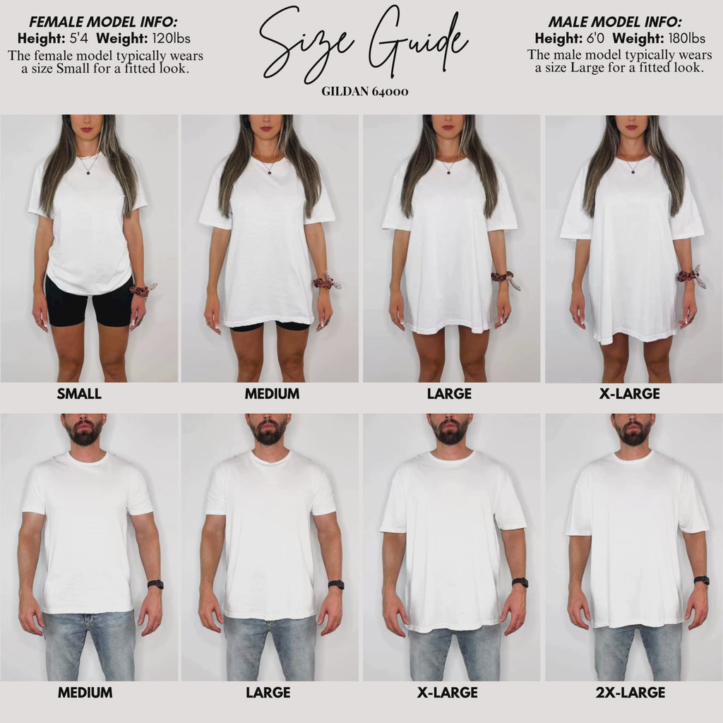 Gildan 64000 Softstyle unisex T-shirt fit and sizing guide on women and men