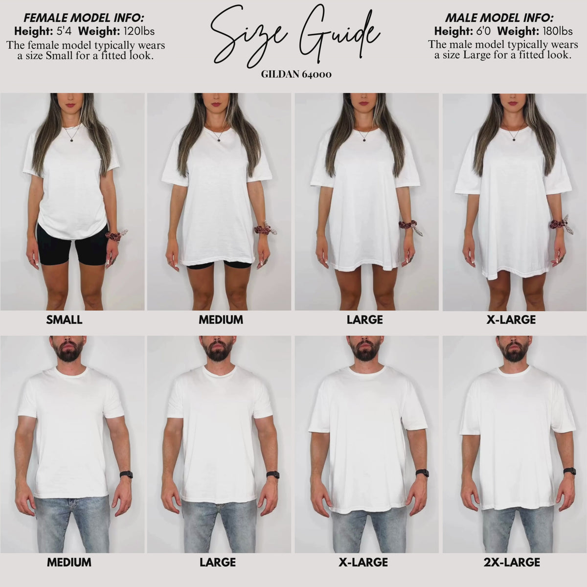 Gildan 64000 Softstyle unisex T-shirt fit and sizing guide on women and men